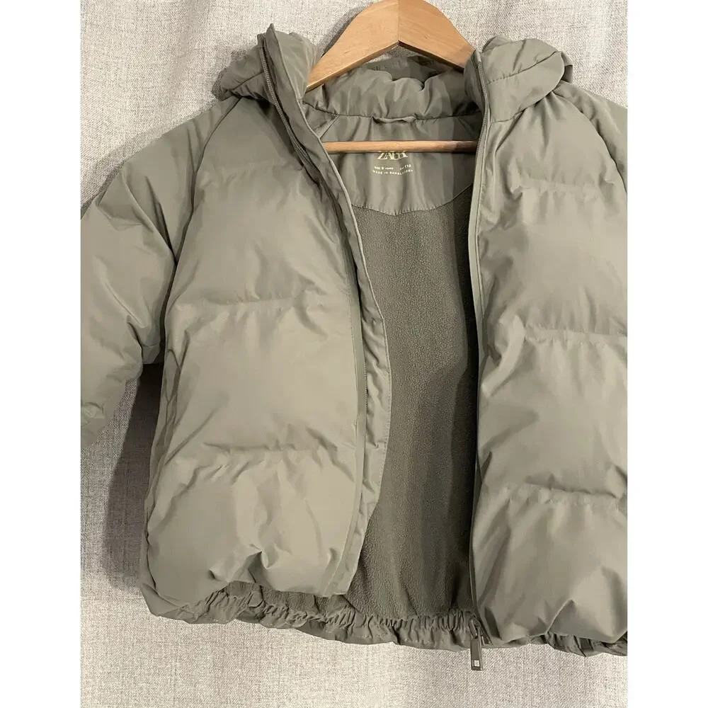 Zara Water-Repellent Quilted Hooded Puffer Coat Size 5 Khaki Green - NWOT